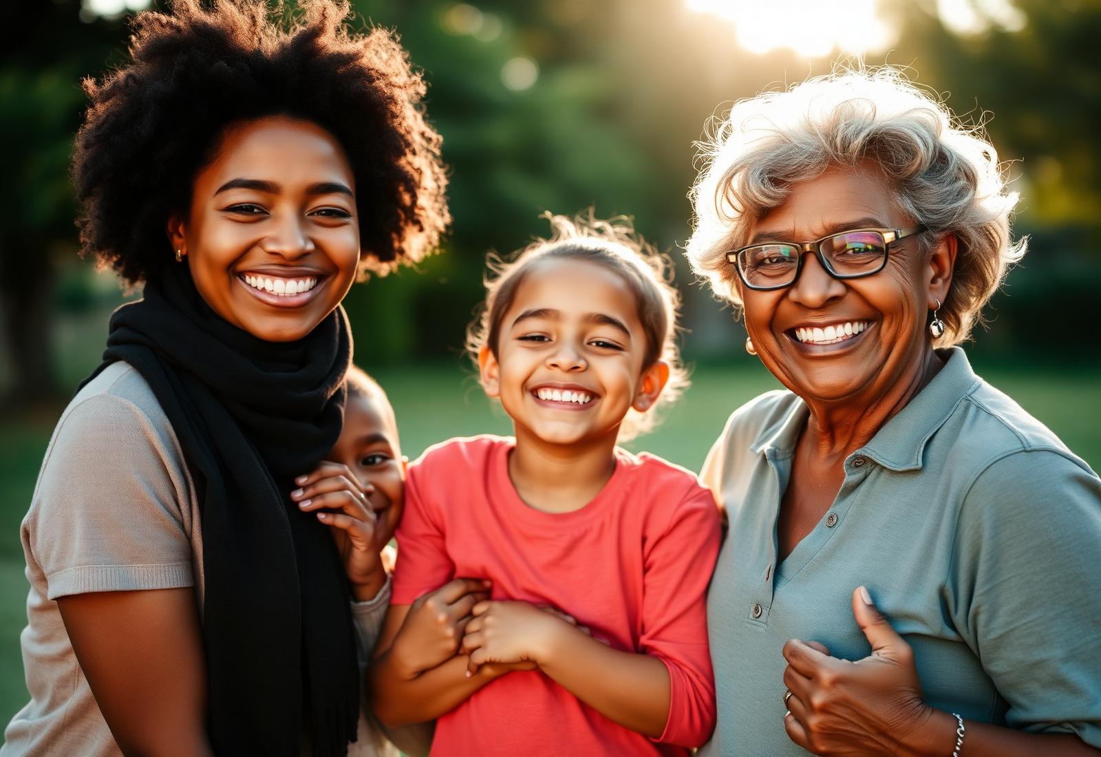 Families and mentors embracing in warm sunlight
